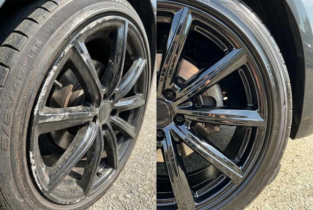 Black painted alloy wheel after refinishing