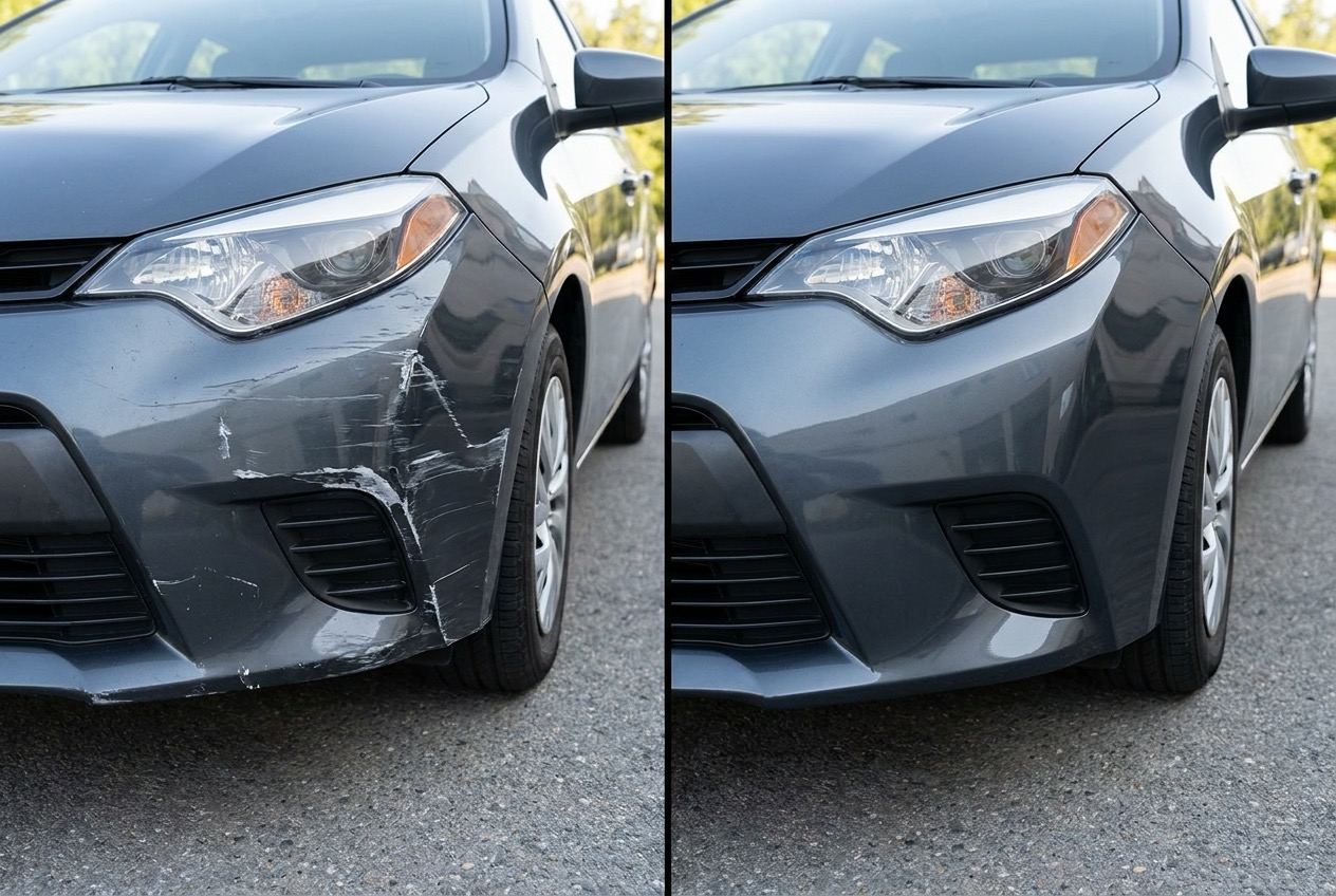 Scuffed bumper before and after refinish