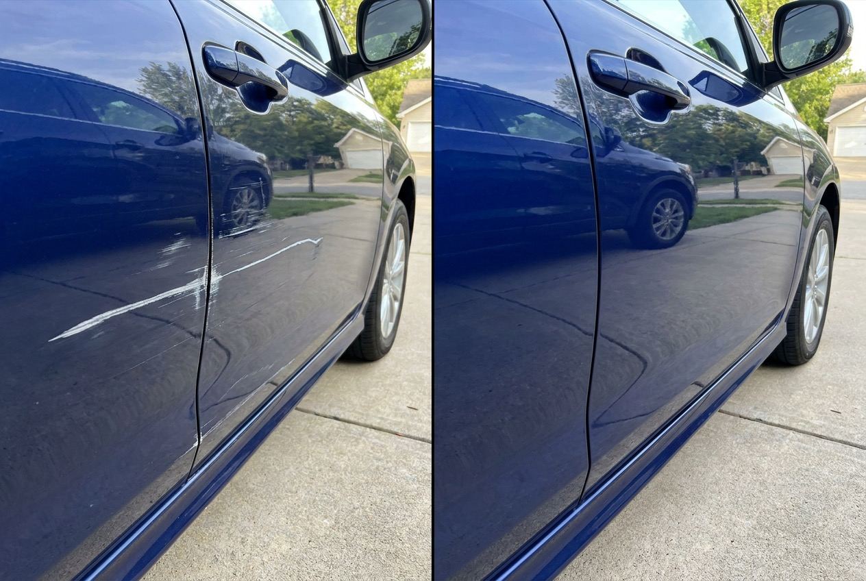 Car door deep scratch repaired and colour matched