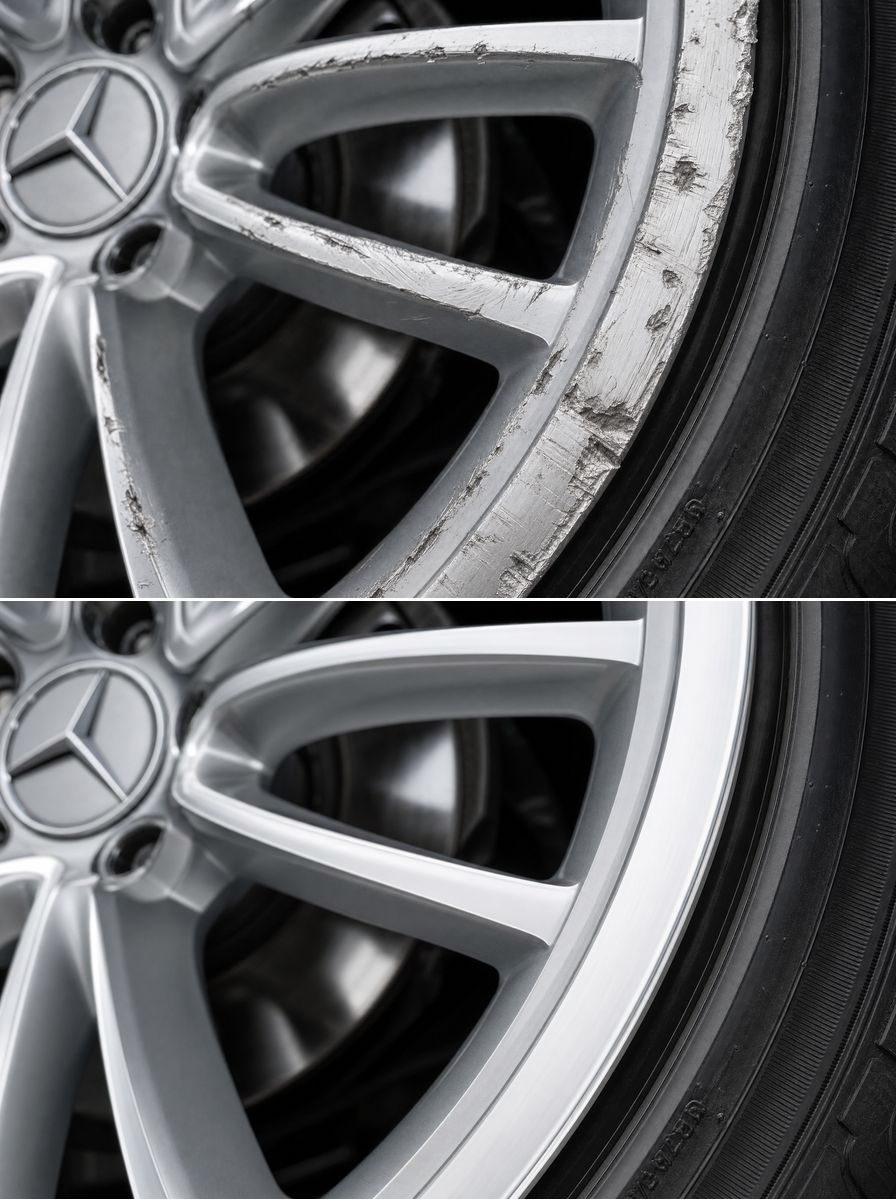 Close-up of alloy wheel lip kerb rash repaired