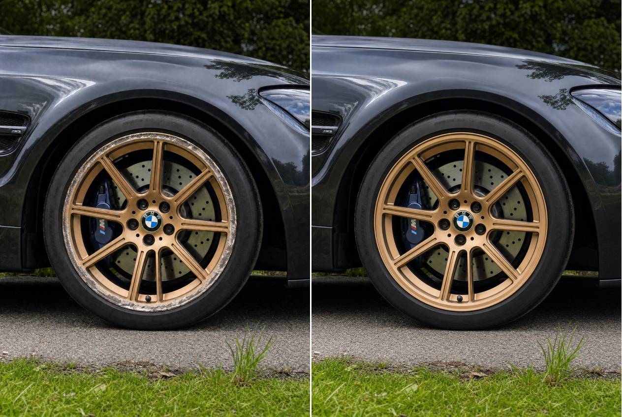 Kerbed alloy wheel lip before and after refinish