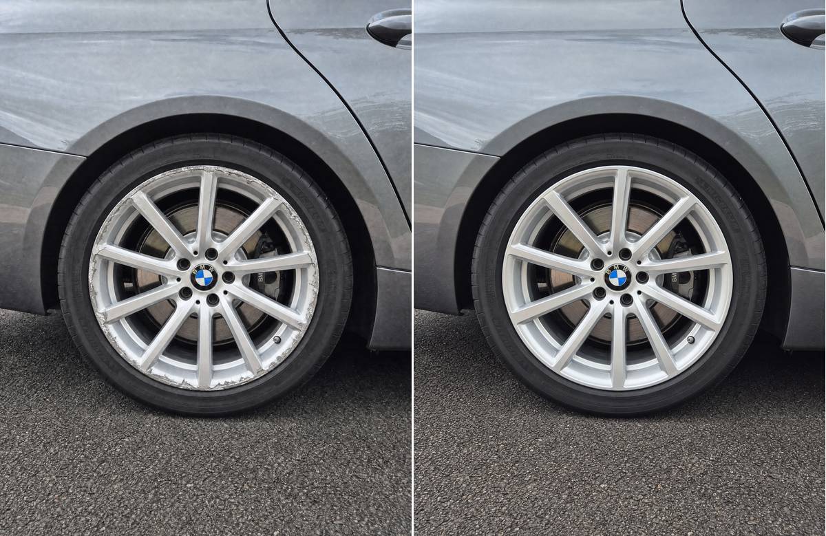 Alloy wheel with gutter rash repaired on the car in Brisbane